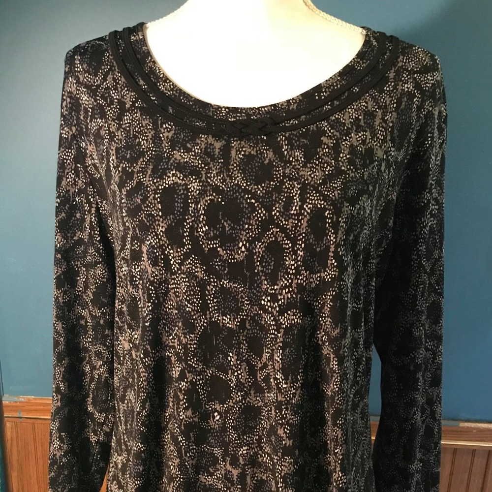 Vintage Black Grey Blue Print Scoop Neck Blouse